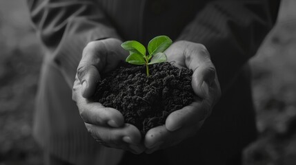 A hand holding a small green plant in dirt