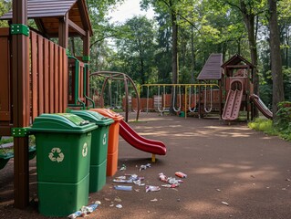 A park with a playground and two green recycling bins. The bins are full of trash. Scene is sad and dirty