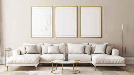 Wall Mural - Three blank white posters in a bright room on the wall above the sofa
