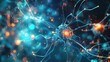 Conceptual illustration of neuron cells with glowing connection nodes in abstract dark space