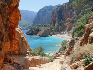 Wall Mural - A rocky cliff overlooks a beach with a blue ocean. The scene is serene and peaceful, with the sound of waves crashing against the rocks in the background. The contrast between the rough, jagged rocks