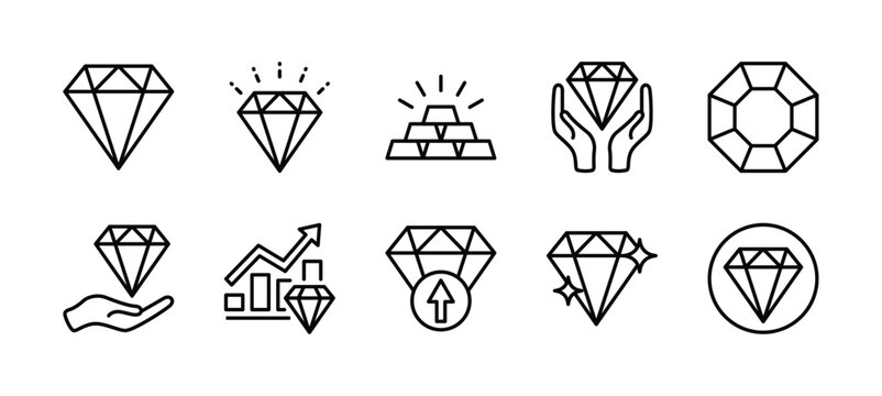 Core value thin line icon set. Containing diamond, gold, gem, brilliant, gemstone, jewelry, treasure, wealth growth. Vector illustration