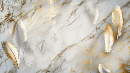 Wall Mural - Marble background with feather and floral design. Wall art panels