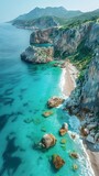 Fototapeta  - A beautiful beach with cliffs and blue water.