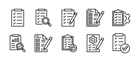 Wall Mural - Evaluation thin line icon set. Containing checklist, review, quality, survey, analysis, document, business management data, inspection, statistic, inspecting, statement, report, test vector