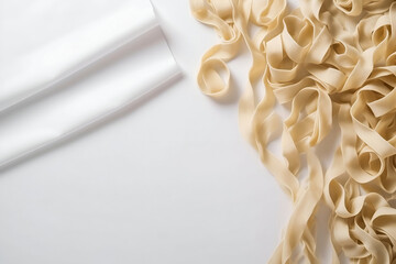 Italian rolled fresh fettuccine pasta with flour and parsley isolated on white background.