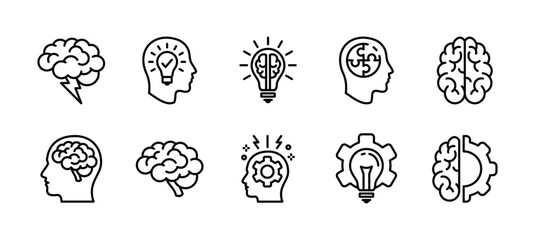 Wall Mural - Brainstorm icon set. Containing creativity, thinking, brain, idea, creative, light bulb, mind, intelligence, imagination, plan, solution, innovation, inspiration, smart, genius, education, science