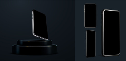 Poster - Sleek Smartphone with Neon Glow on a Futuristic Circular Platform - High-Tech Mobile Concept. Realistic 3D smartphone mockup on futuristic podium isolated on black background. Vector illustration