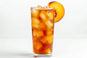 A tall glass of iced peach tea garnished with a peach slice, a sweet and flavorful summer beverage to beat the heat isolated on solid white background.