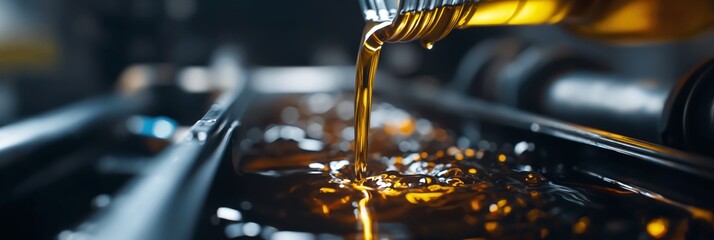 Wall Mural - High-resolution image capturing the moment engine oil is being poured into a car's motor, highlighting the golden liquid's texture