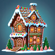 Illustration of colorful gingerbread house full of candy decorations