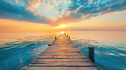 Sticker - Perspective view of a wooden pier on the sea with an amazing sunset, with reflections on the water. inspiration concept, enjoy life, relaxing moment