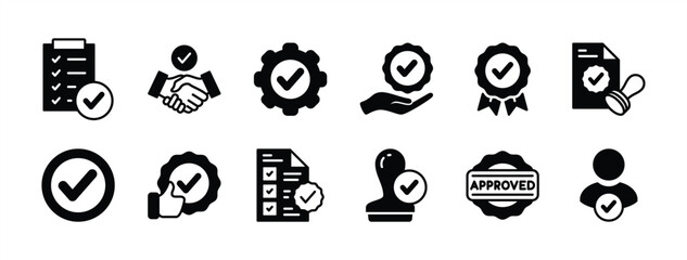 Approved and certified icon set. Containing validation, quality, agreement, badge medal, licence, checkmark, selection, accept, stamp, thumbs up, decision, document, service, permission vector