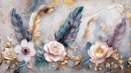 Wall Mural - Marble background with feather and floral design. Wall art panels