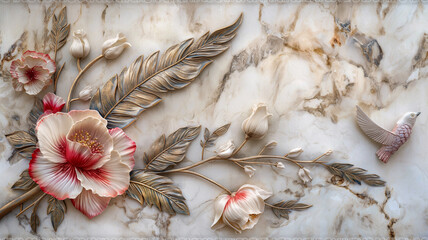 Wall Mural - Marble background with floral design. Panel wall art