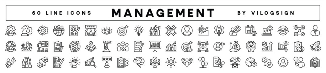 Wall Mural - Business and management thin line icon set. Containing teamwork, statistics data, strategy, development, project, manage, plan, schedule, time, partnership, manager, workflow, decision vector