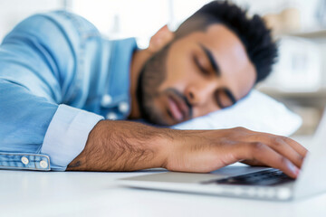 Tired businessman asleep at desk with laptop in office