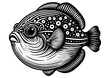Fugu fish sketch engraving generative ai PNG illustration. Scratch board imitation. Black and white image.