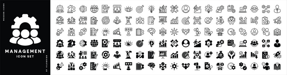 Business and management icon set. Containing teamwork, statistics data, strategy, development, project, manage, plan, schedule, time, partnership, manager, workflow, decision, success and other