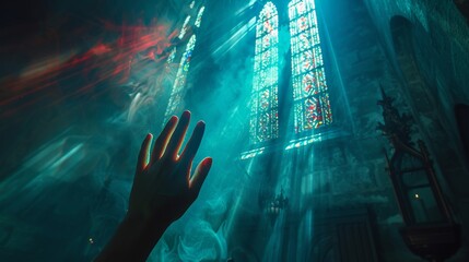 Wall Mural - Woman's hand with cross. Concept of hope, faith, christianity, religion, church online. religion rendered ,and subtle reflections., Christian Religion concept inside church