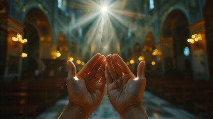 Poster - Woman's hand with cross. Concept of hope, faith, christianity, religion, church online. religion rendered ,and subtle reflections., Christian Religion concept inside church
