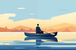 Business graphic vector modern style illustration of a business person in a boat depicting isolation, drifting, cut adrift in shark invested waters remote from the workplace or team