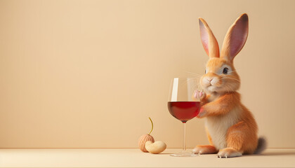 Wall Mural - 3D rabbit looking at a glass of wine and feeling happy