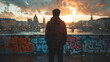 Man stands on a bridge and looks at the sunset in the city.