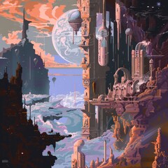 Wall Mural - A colorful, futuristic cityscape with a large planet in the background