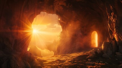 Wall Mural - Empty Tomb With Crucifixion At Sunrise - Resurrection Concept. Resurrection - Light In Tomb Empty With Crucifixion At Sunrise, easter , jesus , christian ,background