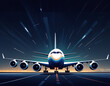 a large jetliner sitting on top of an airport tarmac at night with lights on the side of the plane and a dark sky behind it abstract illustration minimalistic geometric background