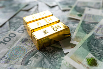 Wall Mural - Gold bars on zloty money financial background