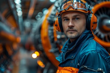 Wall Mural - A focused male worker wearing a helmet and earmuffs in an industrial setting