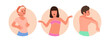 Isolated round icon composition with sad unhappy children characters suffering from sunburned skin