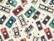 Seamless pattern of cassette tapes on a black background