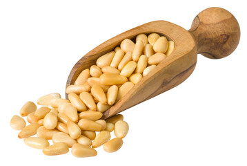 Wall Mural - Roasted pine nuts in the wooden scoop, isolated on the white background.
