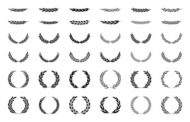 Set of wreaths and branches with leaves. Hand drawing laurel wreaths and branches collection. Laurels wreaths, swirls, twigs and flower ornaments. Herbs, flowers and plants elements. Design elements.