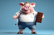 Joyful fat cartoon pig in white T-shirt, denim shorts and boots holds big chocolate bar on blue background, concept of snack with sweets, sugar confectionery, delicious dessert