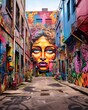 © CoreVisuals - A colorful mural of a woman's face in an urban alleyway