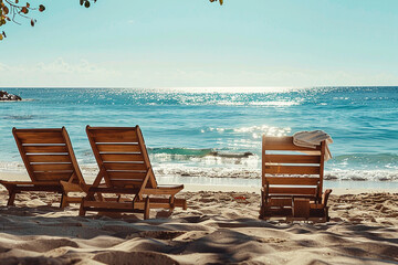 Wall Mural - Beach chairs facing the ocean, basking in the warm sunlight