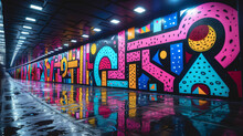 Tunnel With Bright Graffiti Art On The Walls.