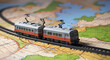A detailed Train model on a world map , rail transportation or train journey concept image with copy space, electric
