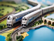 A detailed Train model on a world map , rail transportation or train journey concept image with copy space, dual train