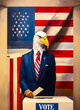 Cornerstone of American democracy: voting. Patriotic imagery, eagle in suit stands near voting box against backdrop of the American flag, a sense of national pride and unit. Anthropomorphic Eagle. 