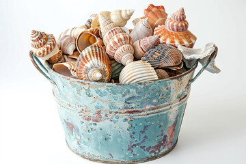 Wall Mural - A family's beach bucket filled to the brim with seashells of various shapes, sizes, and colors, serving as a vibrant reminder of their treasure-hunting adventures by the water, 