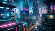 The sprawling cityscape is illuminated by neon lights and towering skyscrapers,evoking a futuristic metropolis.It is a palette of blues and pinks,with stripes of light indicating the traffic below.AI 