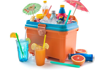 Wall Mural - A family's beach cooler filled with refreshing drinks and chilled snacks, providing nourishment and hydration during their fun-filled day of beach exploration, isolated on a solid white background.