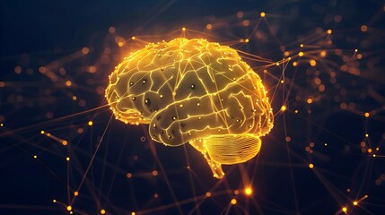 Wall Mural - Human brain digital with yellow and glowing dotted lines, digital, technology, science, dark background