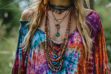 Wall Mural - Bohemian-inspired tie-dye tunic dress with layered necklaces