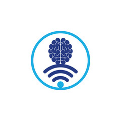 Wall Mural - Brain and wifi logo design sign. Education, technology and business background. Wi-fi brain logo icon.